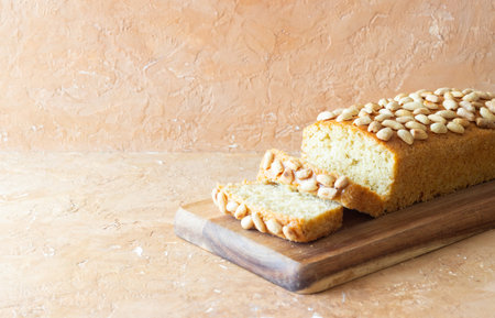 Loaf cake with peanut butter and nuts. Baked. Vegetarian food