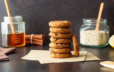 Oatmeal cookies with chocolate. Vegetarian food. Breakfastの写真素材