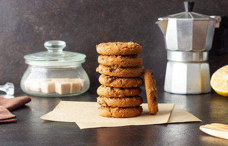 Oatmeal cookies with chocolate. Vegetarian food. Breakfast