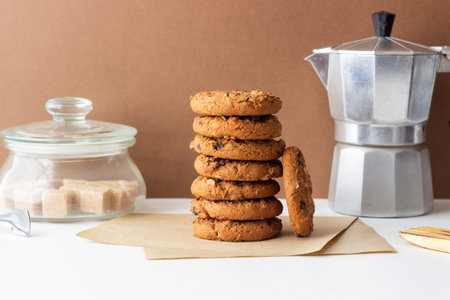 Oatmeal cookies with chocolate. Vegetarian food. Breakfastの写真素材