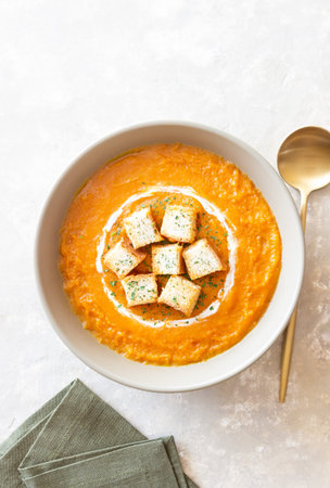 Creamy sweet potato soup with croutons. Healthy eating. Diet.の写真素材