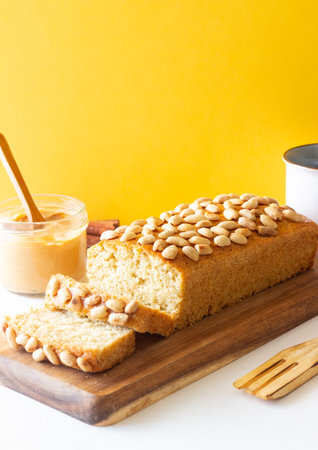 Loaf cake with peanut butter and nuts. Baked. Vegetarian foodの写真素材