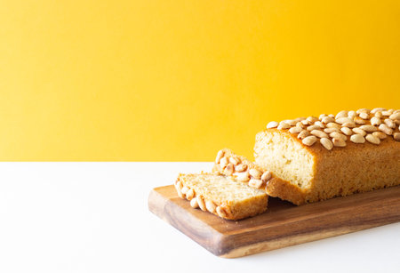 Loaf cake with peanut butter and nuts. Baked. Vegetarian food