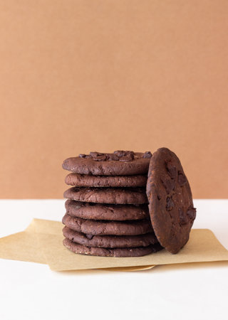 American chocolate cookies with chocolate chunks. Baked. Vegetarian food