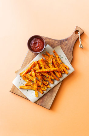 Baked sweet potatoes with ketchup. Healthy eating. Vegetarian food