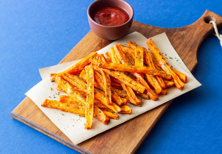 Baked sweet potatoes with ketchup. Healthy eating. Vegetarian food