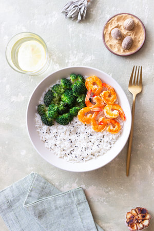 Rice with shrimp and broccoli. Healthy eating. Diet. Seafood.の写真素材