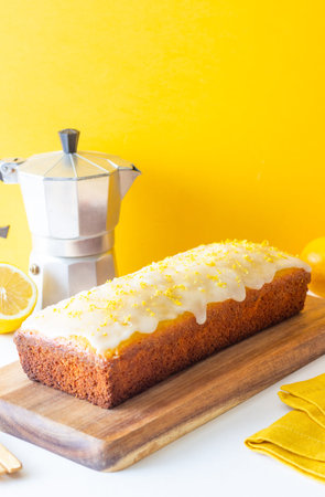 Lemon loaf cake with glaze. Baking. Vegetarian food. Recipe