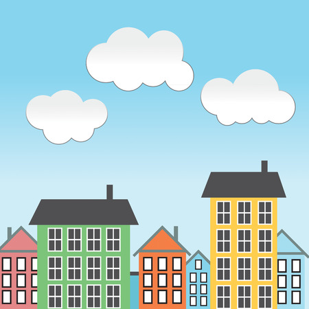 children's town of houses with cloudsのイラスト素材