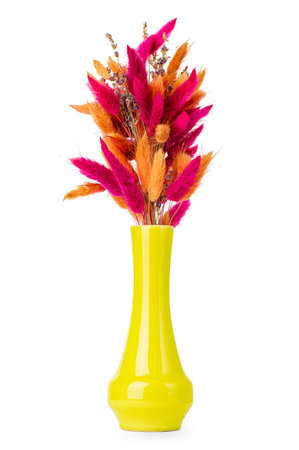 Vase with dried flowers, pink and orange on a transparent background, Isolate. Design, natureの写真素材