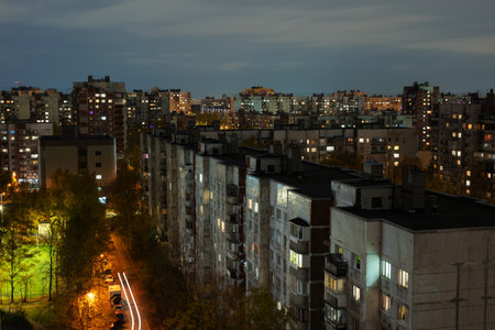 Night cityscape with buildings and street lights.の写真素材