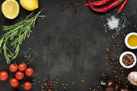food background. Fresh vegetables, spices, herbs and oil. Ingredients for cooking with space for text. Colorful food ingredients border.の写真素材