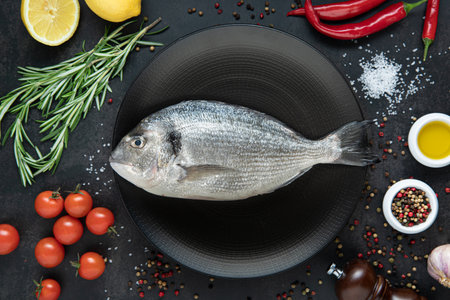 Fish on a black plate with spices, pepper, rosemary, tomatoes and lime on a dark background. top viewの写真素材