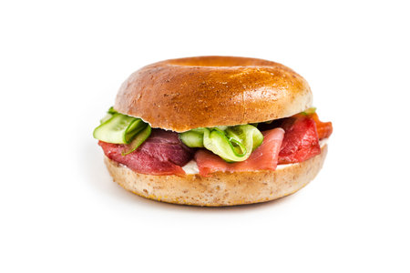 Sandwich with ham, tomato and cucumber isolated on white backgroundの写真素材