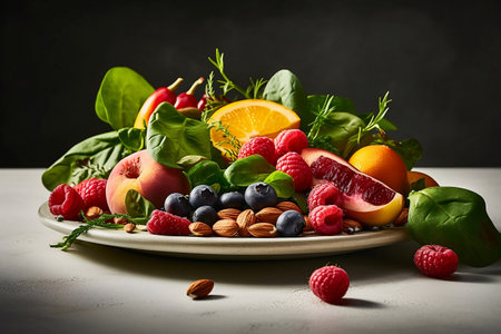 Fresh fruits and berries in a plate on a white wooden table. Generative AI.の素材
