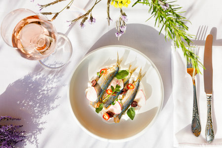 Fresh Fish Fillet with Delicious Seafood Appetizer and Healthy Organic Salad.の写真素材