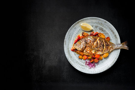 Healthy Grilled Fish Plate, Baked Fillet with Vegetable Medley on Black Background with Copy Space.