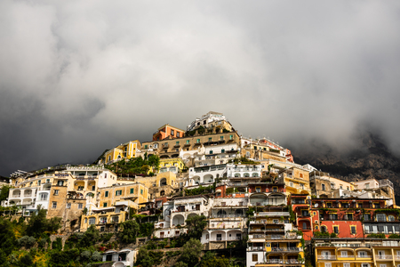 View of Positano village on a cloudy day along Amalfi Coast in Italy.の写真素材
