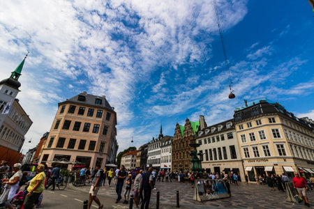 Copenhagen, Denmark - 2019.Main shopping street in Copenhagen, Denmark. Tourists wandering on the streets.のeditorial素材