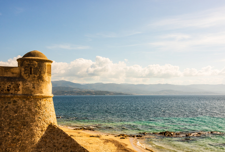 View on the tower of Citadel Miollis and the sea in Ajaccio on Corsica island, France.のeditorial素材