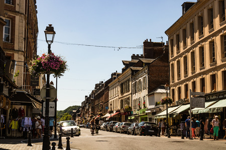 Hondleur, France - 2019.On the streets of an medieval city Honfleur. Favorite place for walks of local residents and tourists.のeditorial素材