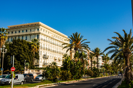 Nice, France - 2019. Promenade des Anglais, with palm trees seven kilometers along the coast a place of rest walking and sport by the sea in of the Cote d'Azur, South Franceのeditorial素材