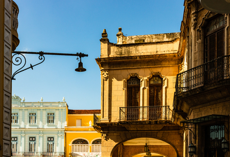 Facade of old colonial buildings from Central Square in Havana, Cuba.の写真素材
