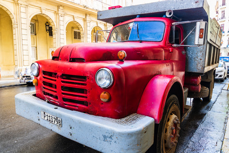 Havana, Cuba - 2019. Red classic American truck on the streets of Havanaのeditorial素材