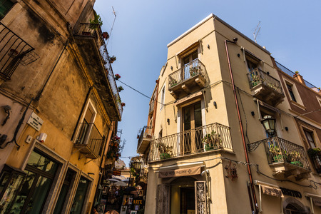 Taormina, Italy - 2019. Corso Umberto, the main street in historical center of Taormina.のeditorial素材