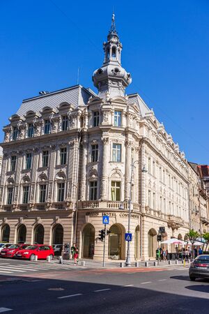 Bucharest, Romania - 2019. Victoriei Way in downtown Bucharest. Old buildings, hotels and local bars.のeditorial素材