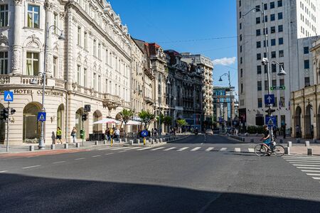 Bucharest, Romania - 2019. Victoriei Way in downtown Bucharest. Old buildings, hotels and local bars.のeditorial素材