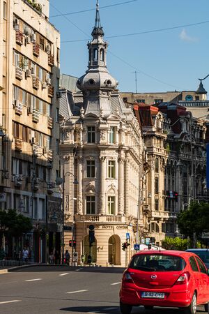 Bucharest, Romania - 2019. Victoriei Way in downtown Bucharest. Old buildings, hotels and local bars.のeditorial素材