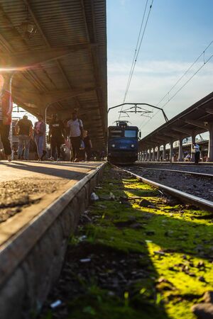 Bucharest, Romania - 2019. People getting of the train Bucharest North Railway Station (Gara de Nord) in Bucharest, Romania.のeditorial素材