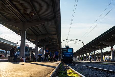 Bucharest, Romania - 2019. People getting of the train Bucharest North Railway Station (Gara de Nord) in Bucharest, Romania.のeditorial素材