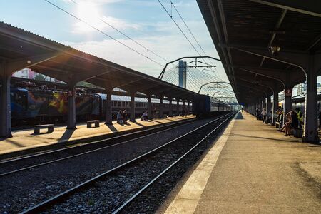 Bucharest, Romania - 2019. Trains on the platform at Bucharest North Railway Station (Gara de Nord) in Bucharest, Romania.のeditorial素材