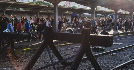 Bucharest, Romania - 2019. People getting of the train Bucharest North Railway Station (Gara de Nord) in Bucharest, Romania.のeditorial素材