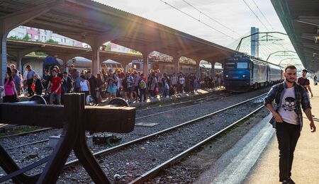 Bucharest, Romania - 2019. People getting of the train Bucharest North Railway Station (Gara de Nord) in Bucharest, Romania.のeditorial素材