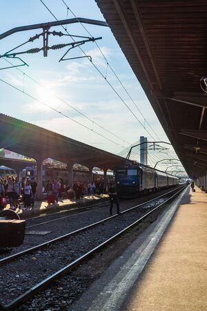 Bucharest, Romania - 2019. People getting of the train Bucharest North Railway Station (Gara de Nord) in Bucharest, Romania.のeditorial素材