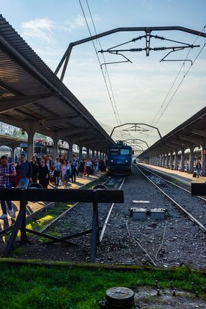 Bucharest, Romania - 2019. People getting of the train Bucharest North Railway Station (Gara de Nord) in Bucharest, Romania.のeditorial素材