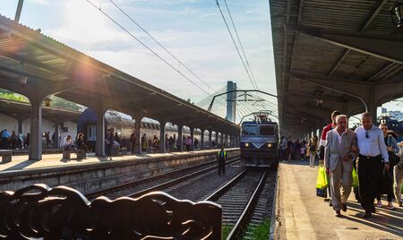 Bucharest, Romania - 2019. People getting of the train Bucharest North Railway Station (Gara de Nord) in Bucharest, Romania.のeditorial素材