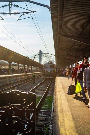 Bucharest, Romania - 2019. People getting of the train Bucharest North Railway Station (Gara de Nord) in Bucharest, Romania.のeditorial素材