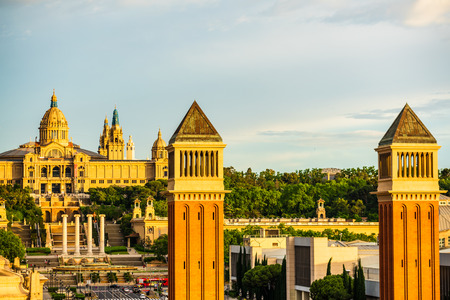 Placa d'Espanya, Venetian Towers and the National Art Museum. Spanish Sqare - Plaza de Espana in Bacelona, Spain.のeditorial素材