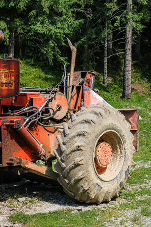 Iezer Mountains - Romania - 2019. Heavy machinery on construction site in the mountains.のeditorial素材