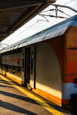 Bucharest, Romania - 2019. Trains on the platform at Bucharest North Railway Station (Gara de Nord)...