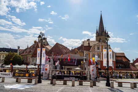 Sibiu, Romania - 2019. People visiting the Sibiu downtown area.のeditorial素材