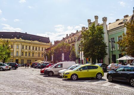 Sibiu, Romania - 2019. Parking lots on the streets of Sibiu.のeditorial素材