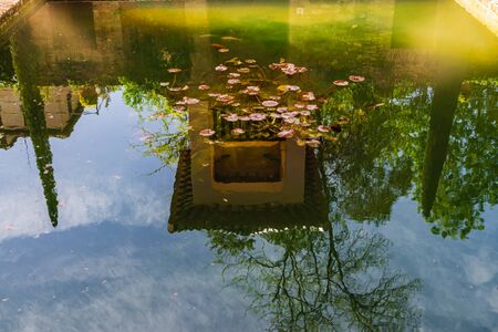 Granada, Spain â 2019. Reflection in the pond water of the Patio de los Arrayanes building in Alhambra Palace, Andalusia.のeditorial素材