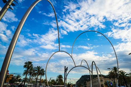 Barcelona, Spain â 2019. Close up on a section of the stainless steel sculpture Onades (Waves) by Andreu Alfaro HernÃ¡ndez.のeditorial素材