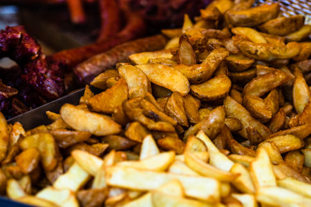 Fresh fried potatoes, french fries at a street food festival