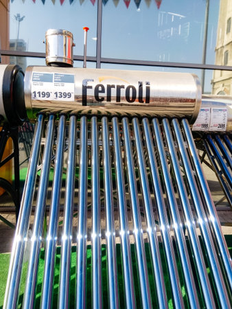 Solar heater for green energy on sale at a supermarket in Bucharest, Romania, 2019のeditorial素材